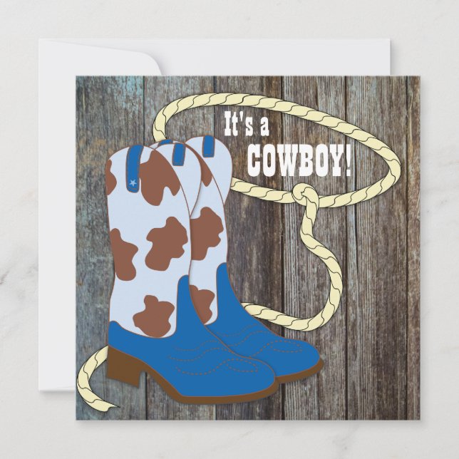 Grå och blå lada trä cowboy baby shower inbjudningar (Framsida)