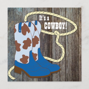 Grå och blå lada trä cowboy baby shower inbjudningar