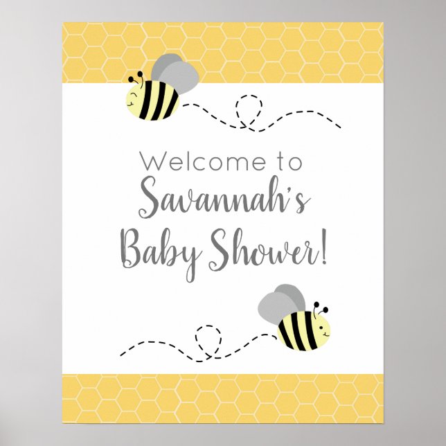 Grå och gul humla bebis shower skylt (Framsidan)