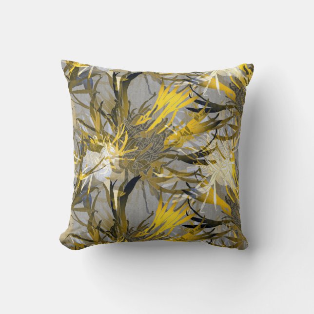 Grå och gul konstnärlig abstrakt blomma kudde (Framsida)