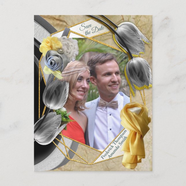 Grå och gula tulpaner på textur. meddelande vykort (Framsida)