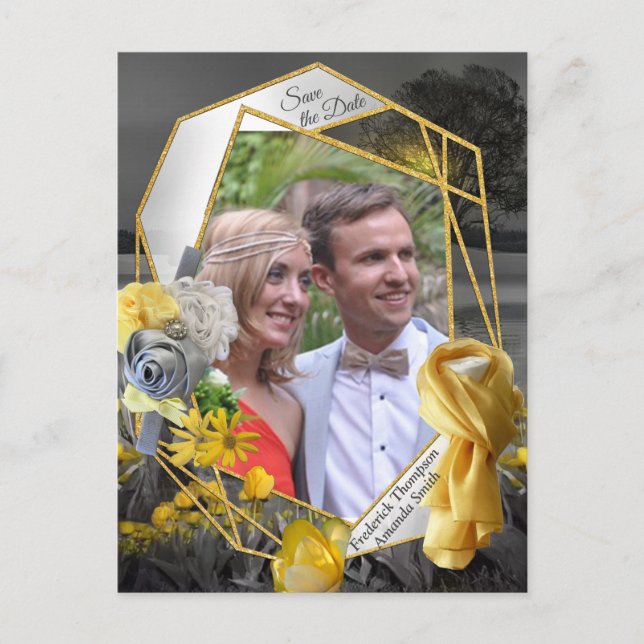 Grå och gula tulpaner, tusenskönor med en solnedgå meddelande vykort (Framsida)