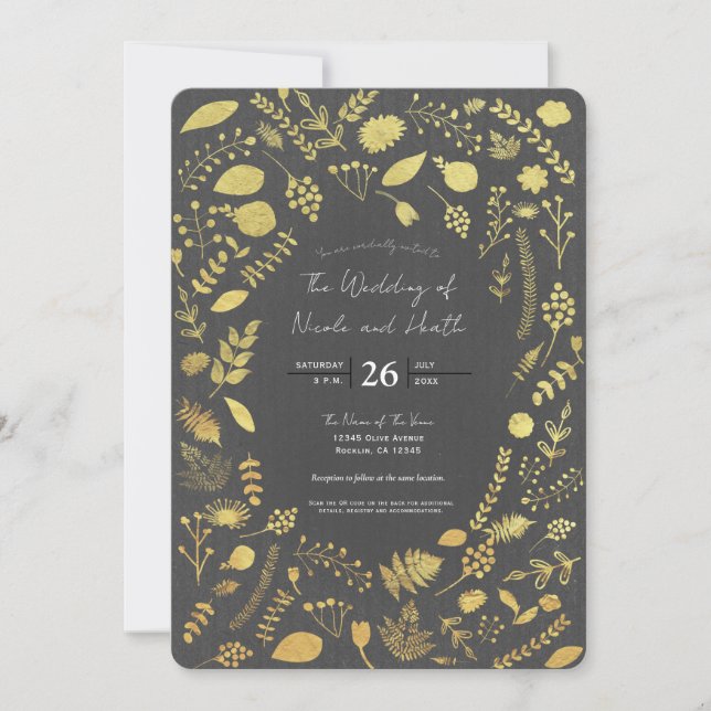 Grå och guld blommande bröllopsinbjudningar inbjudningar (Framsida)