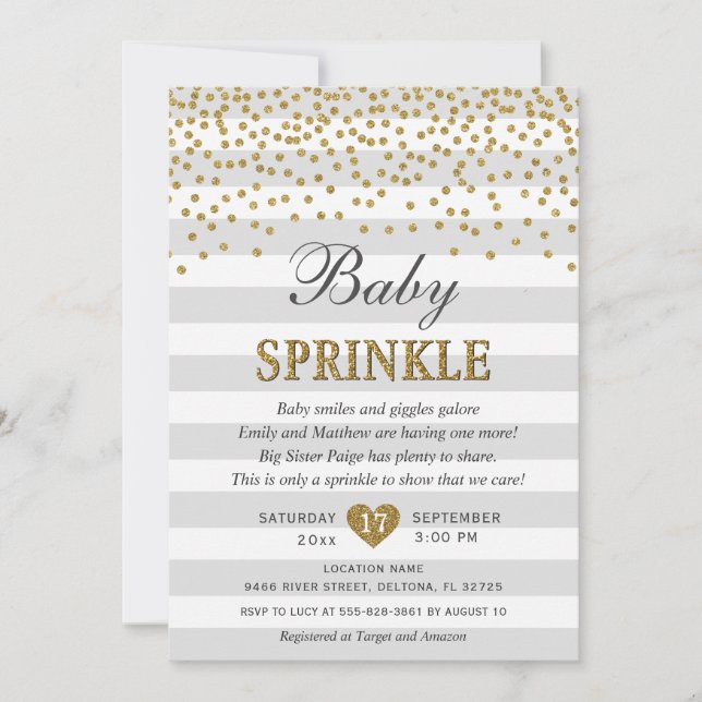 Grå och guld Könsneutral Reveal Baby Sprinkle Inbjudningar (Framsida)