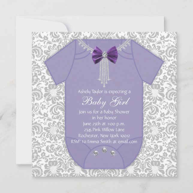 Grå och lila damast babyflicka shower inbjudningar (Framsida)
