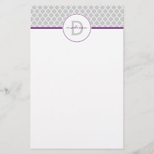 Grå och purpurfärgad Quatrefoil Monogram Brevpapper