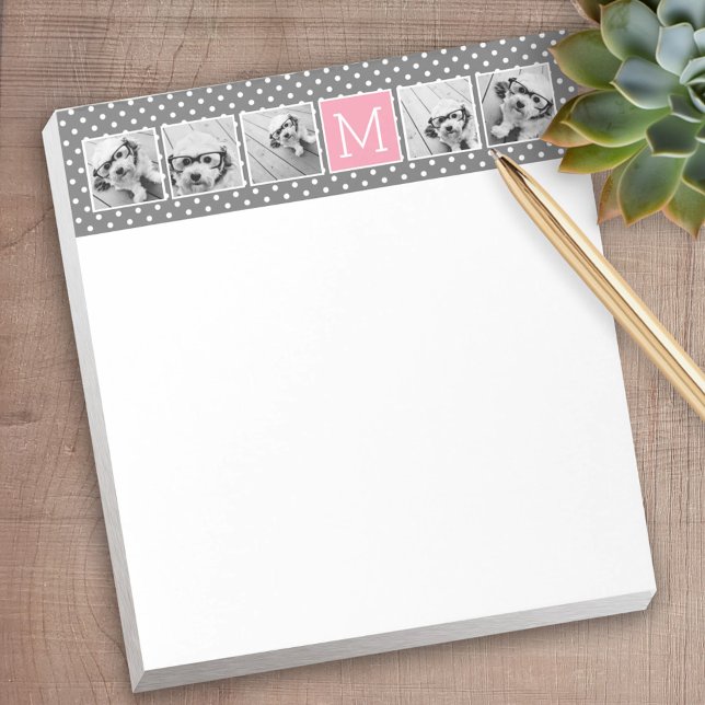 Grå och rosa 5-foto collage med monogram anteckningsblock (Personalized notepad - great for a gift or your home office)