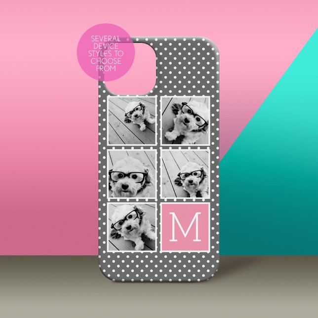 Grå och rosa 5 fotosammanställning med monogram (Personalized Phone Case with Custom Photos and Text - Pick Your Device Style)