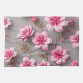Grå och rosa blommig kökshandduk