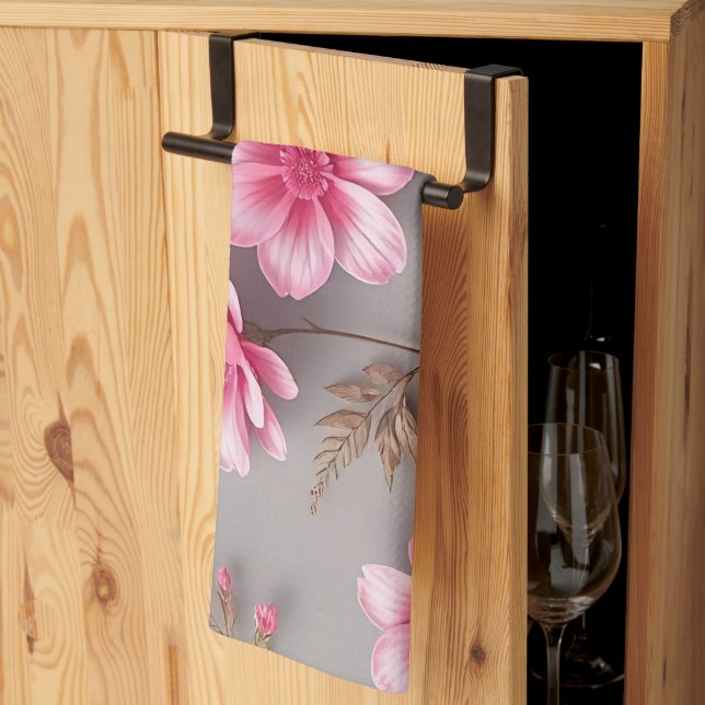 Grå och rosa blommig  kökshandduk (Thirds Fold)