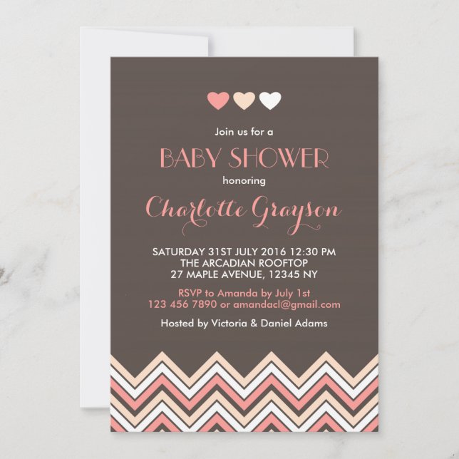 Grå och rosa chevron-baby shower-inbjudan inbjudningar (Framsida)