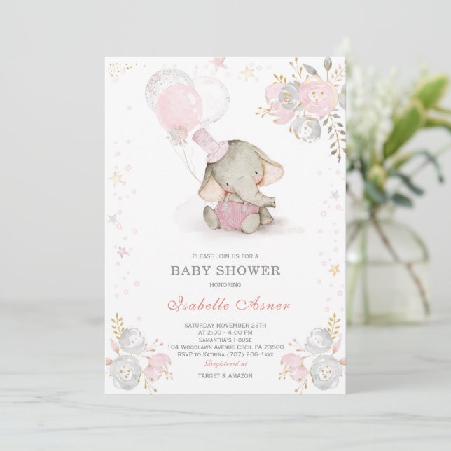 Grå och Rosa Elefant Baby Shower Inbjudningar (Stående Fram)