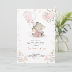 Grå och Rosa Elefant Baby Shower Inbjudningar