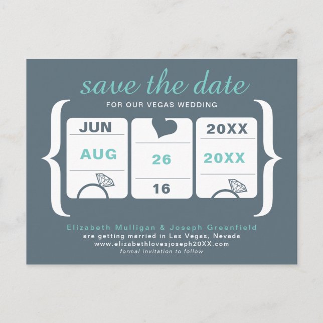 Grå och sjögrön spelautomat Save the Date Meddelande Vykort (Framsida)