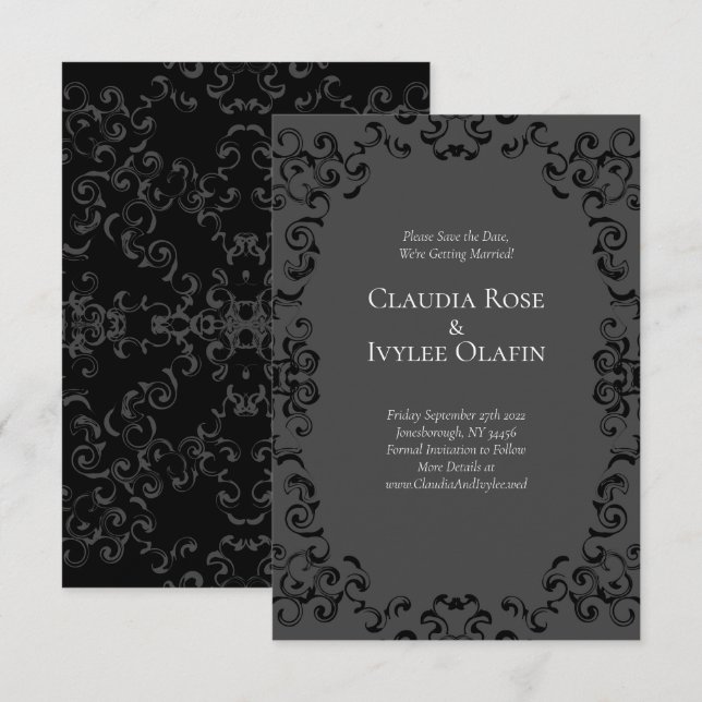 Grå och svart virvel-gotiskt bröllop inbjudningar (Fram/baksida)