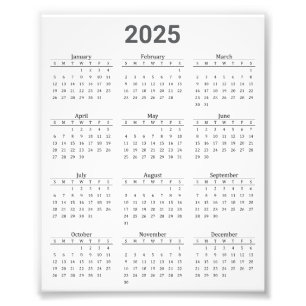 Grå och vit 2025-års översiktskalender fototryck