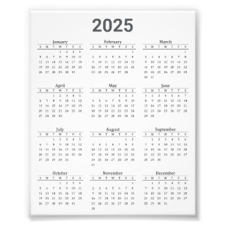 Grå och vit 2025-års översiktskalender fototryck