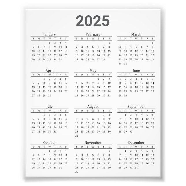 Grå och vit 2025-års översiktskalender fototryck (Framsidan)