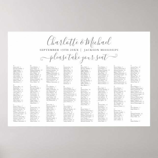 Grå Och Vit 300 Namn Bröllopsplatskarta Poster (Framsidan)