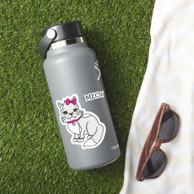 Grå och vit fläckig kattunge med rosa rosett dekal (HydroFlask Insitu)