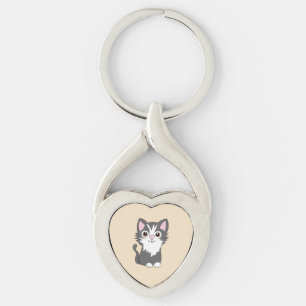 Grå och vit katt twisted heart silverfärgad nyckelring