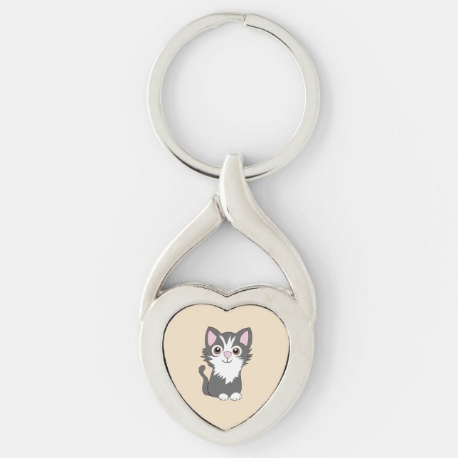 Grå och vit katt twisted heart silverfärgad nyckelring (Framsidan)