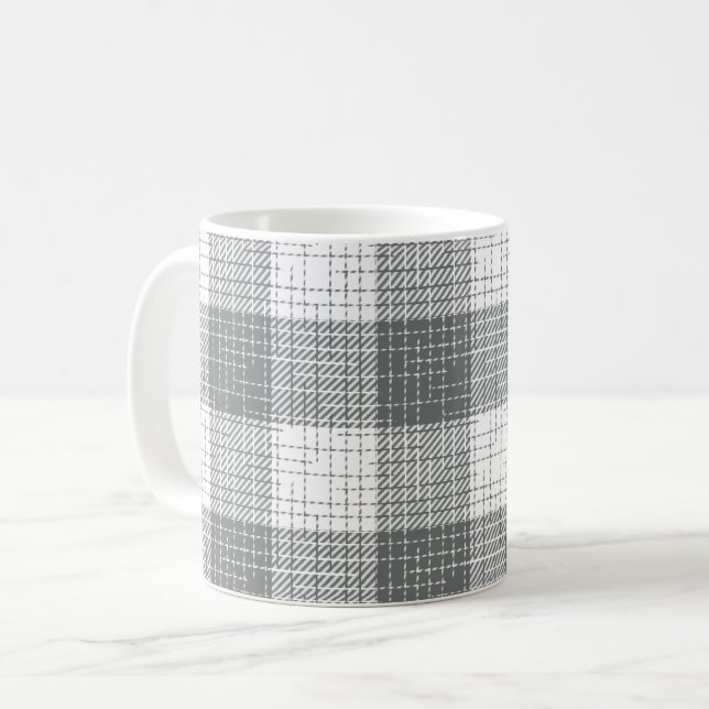 Grå och vit rutig korsstickad pläd  kaffemugg (Framsida vänster)