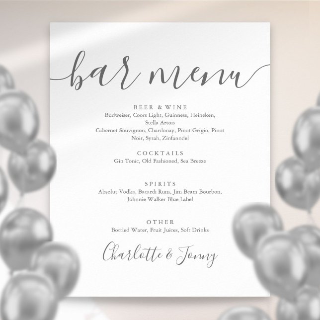 Grå Och Vit Signatur Skript Bar Meny Skylt (Gray And White Signature Script Bar Menu Sign)