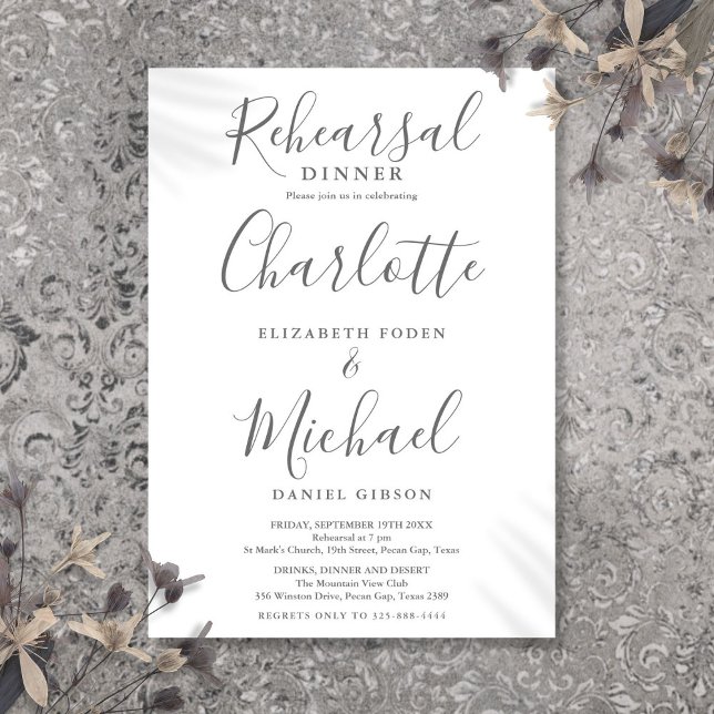 Grå och vit signatur skript repetition middag inbjudningar (Gray And White Signature Script Rehearsal Dinner Invitation)