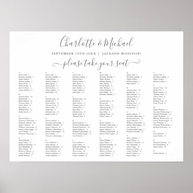 Grå och vit sittplan för 200 namns bröllop poster (Framsidan)