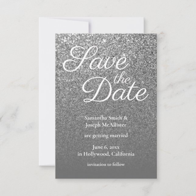 Grå Ombre Silver Glitter Foto Spara Datum Inbjudningar (Framsida)