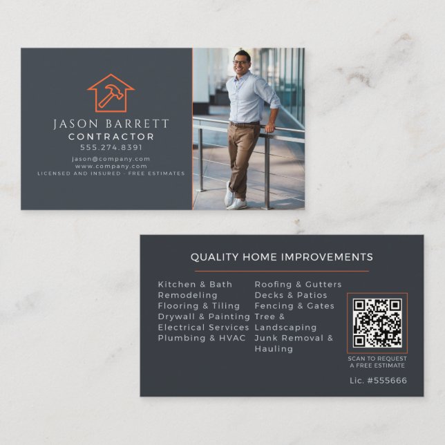 Grå Orange Tak Konstruktion Foto QR Visitkort (Fram/baksida)