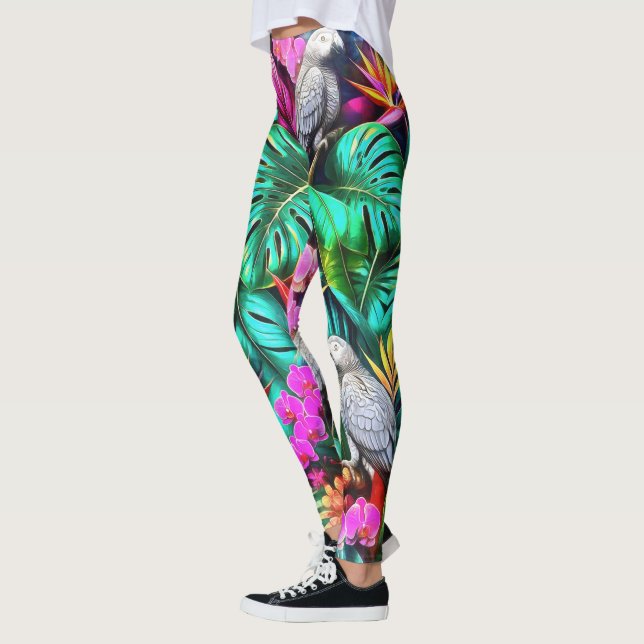 Grå Papegoja Djungeldrömmar Sömlös Ytmönster Leggings (Vänster)