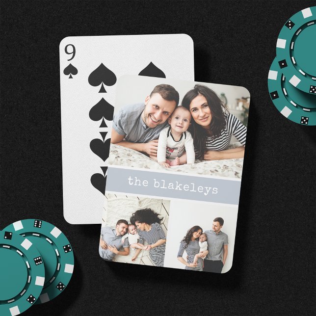 Grå | Personlig Family Namn 3 Photo Collage Casinokort (Skapare uppladdad)