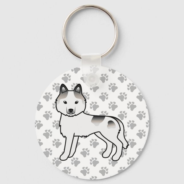 Grå Piebald Siberian Husky Tecknad Hund & Tassar Nyckelring (Framsida)
