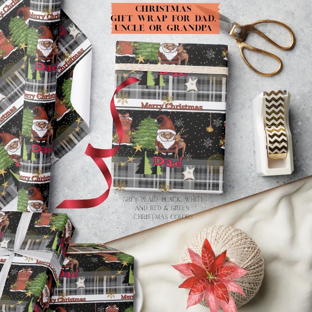 Grå Plaid Tomte Julpresentpapper för Pappa Presentpapper (Gray Plaid Santa Christmas Wrapping Paper for Dad)