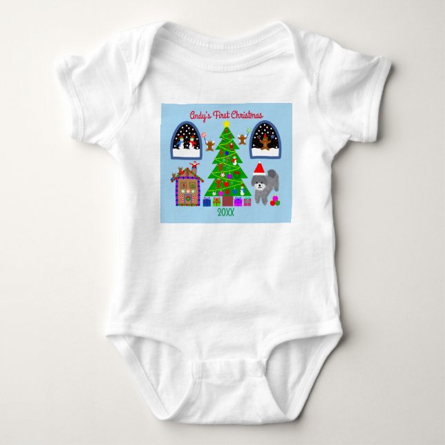 Grå Poodle Jul #6 Baby Bodykläder T Shirt (Framsida)