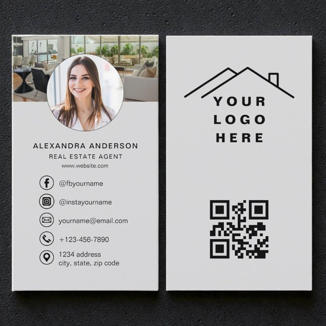 Grå QR-kod Fastighetsmäklare Foto Logotyp Visitkort (Skapare uppladdad)