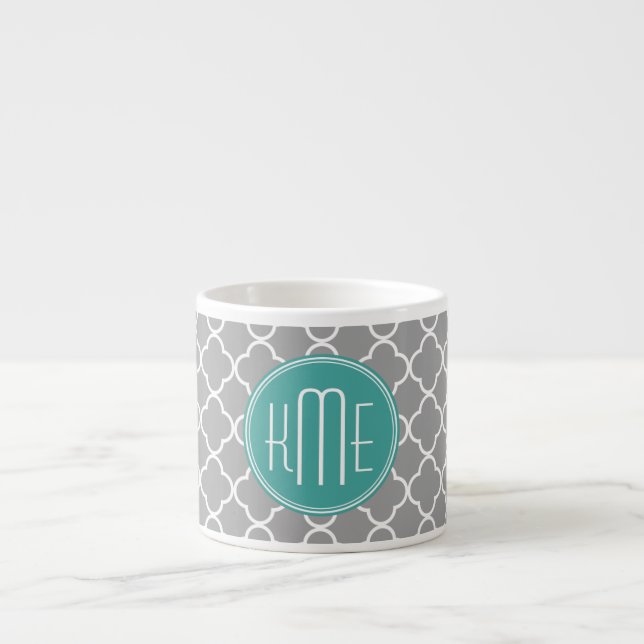 Grå Quatrefoil med anpassad myntmonogram Espressomugg (Framsidan)