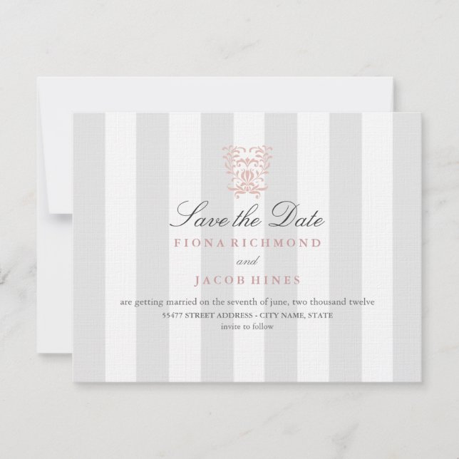 Grå Ränder & Persikodamask Bröllop Save The Date Spara Datumet (Framsida)