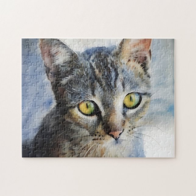 Grå randig kattunge ansikte katt pussel (Horisontell)