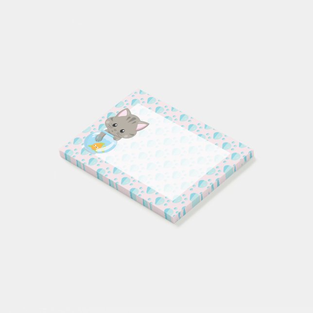 Grå randig kattunge med fiskskål post-it block (Vinklad)
