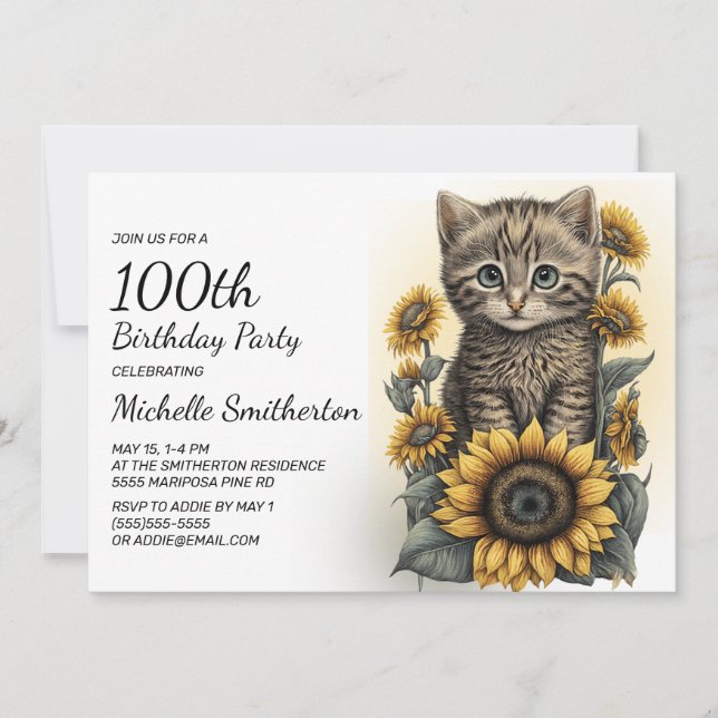 Grå randig kattunge solrosor 100-årsdag inbjudningar (Framsida)