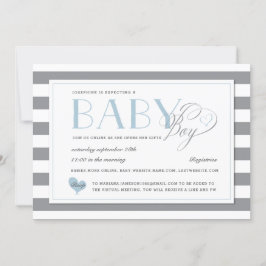 Grå randig ljusblå pojk-babyfirande via post inbjudningar