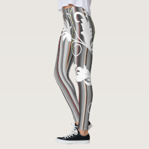 Grå randig mönster med vit blommig design  leggings