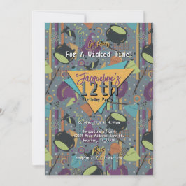 Grå Retro Häxig Halloween Födelsedagsinbjudan Inbjudningar