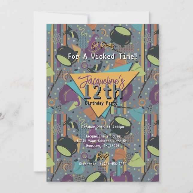 Grå Retro Häxig Halloween Födelsedagsinbjudan Inbjudningar (Framsida)