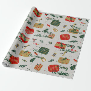 Grå Röd och Gyllene Söt Illustrerad Jul Presentpapper