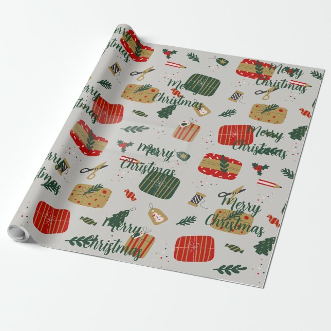 Grå Röd och Gyllene Söt Illustrerad Jul Presentpapper (Utrullad)