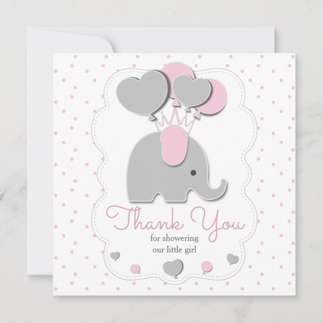 grå rosa babyflicka elefant tack kort (Framsida)